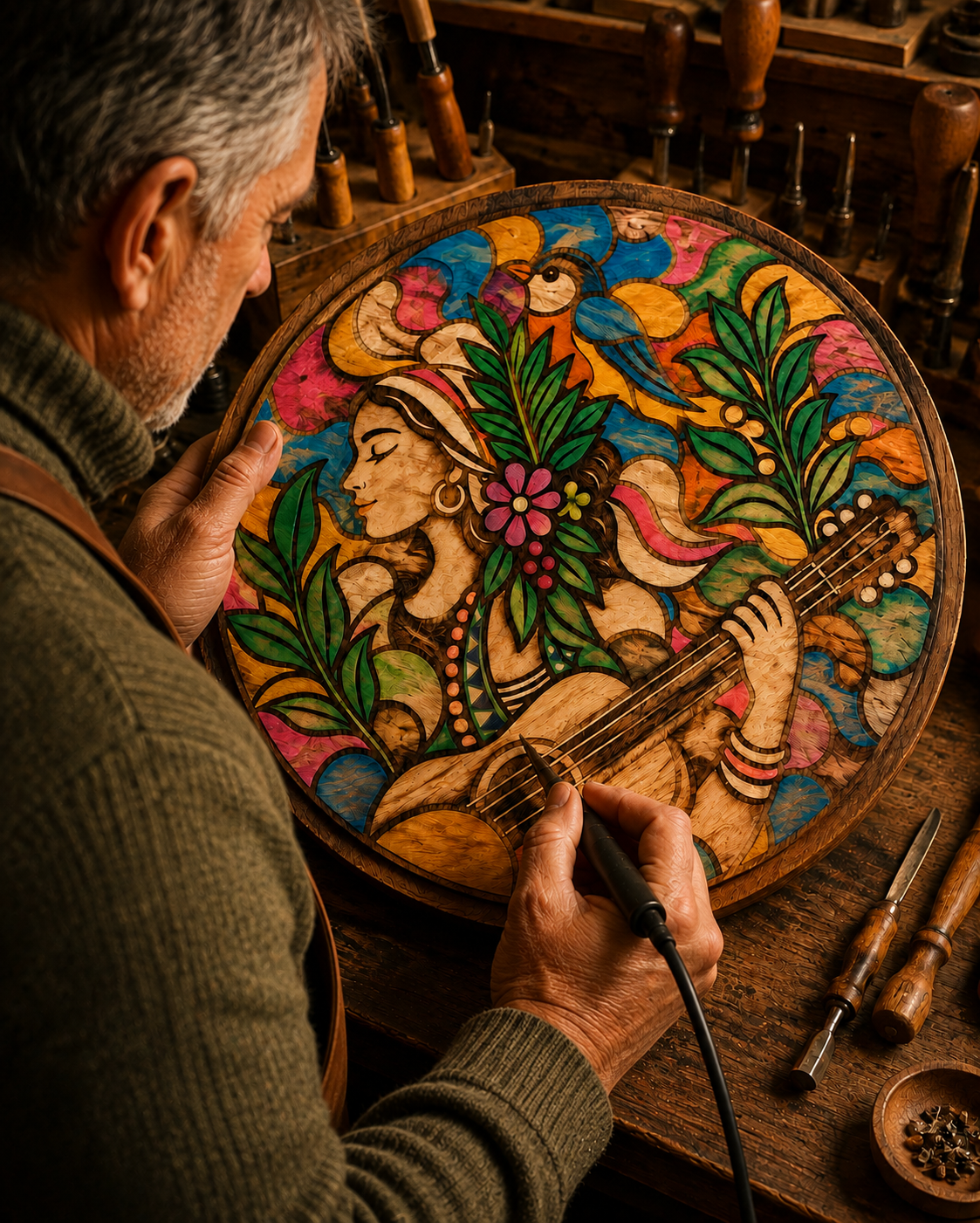 Marc DELAUDE, artisan pyrographe, travaillant le bois dans son atelier